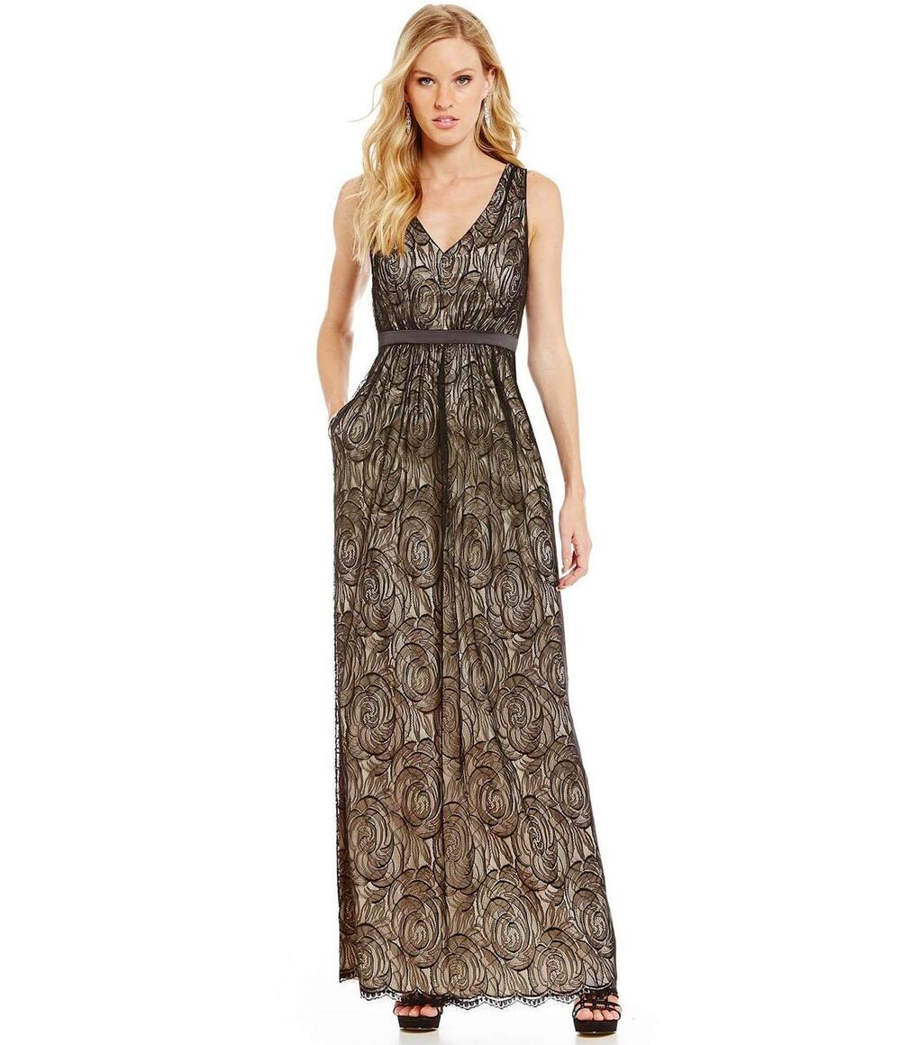 Adrianna Papell Black Nude Lace A-Line Maxi Gown Formal Evening Dress 2 Occasion